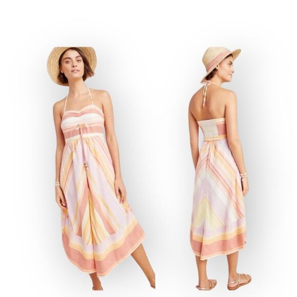 Anthropologie Savannah Halter Dress Stripped Ruched orange boho style - Picture 1 of 16